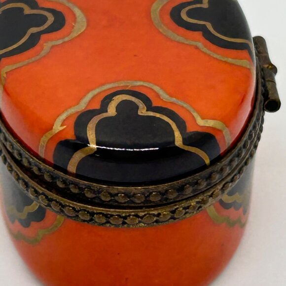 Limoges Oval Trinket Box Handprinted in France Brass Accents Orange-Black Design - Picture 6 of 16